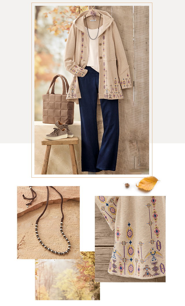 Mesa Embroidered Fleece Swing Cardigan outfit and grid