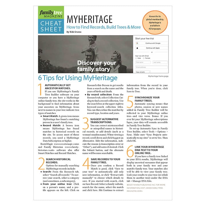 MyHeritage cheat sheet page with tips for using MyHeritage, including automatic matches, searching records, alternative spellings, saving records, synchronizing trees, and using the app.