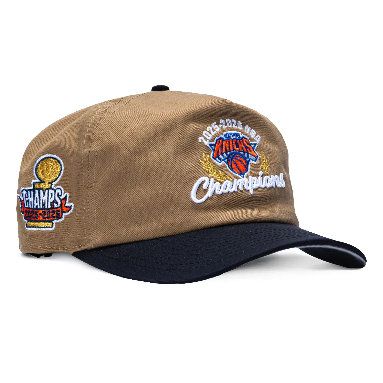 Image of New Era 19Twenty New York Knicks 2025 - 2026 Champs Patch Wreath Snapback Pre-Curved Hat - Khaki, Navy