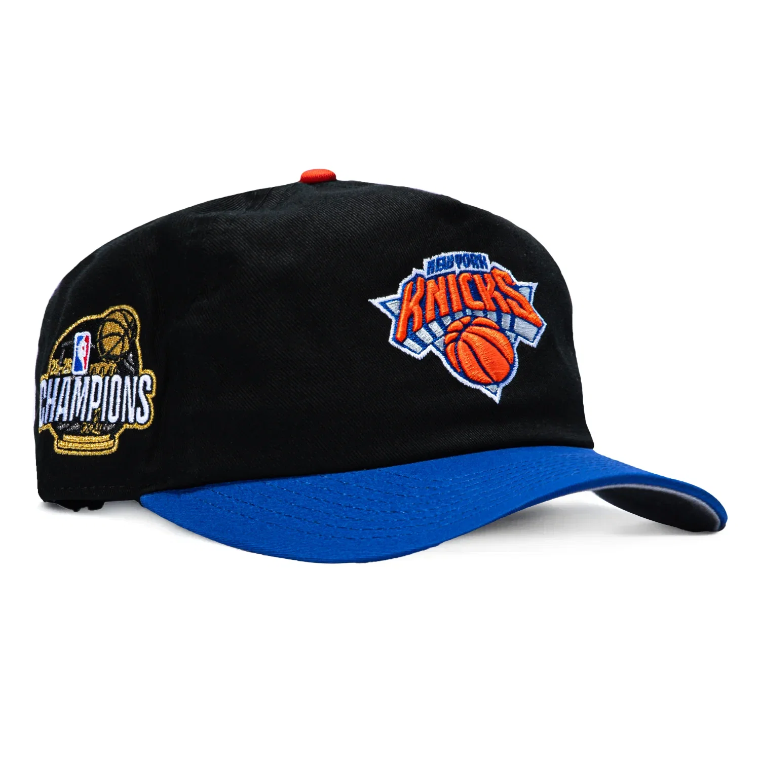 Image of New Era 19Twenty New York Knicks 2026 NBA Champions Patch Snapback Pre-Curved Hat - Black, Royal