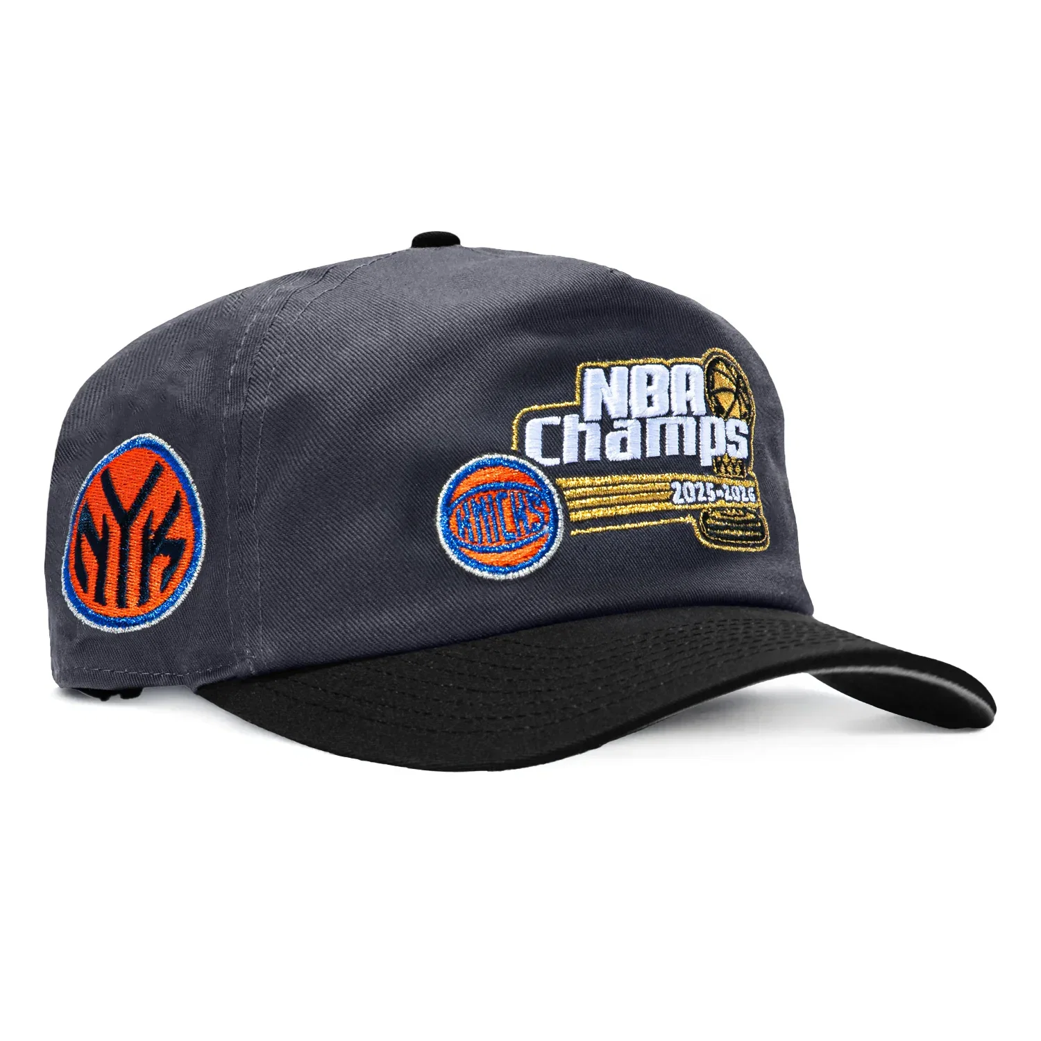 Image of New Era 19Twenty New York Knicks Token Patch 2026 NBA Champions Snapback Pre-Curved Hat - Graphite, Black
