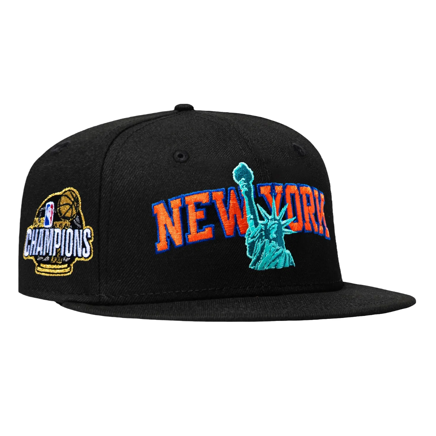 Image of New Era 9Fifty New York Knicks 2026 NBA Champions Patch New York Statue of Liberty Mint UV Snapback Hat - Black