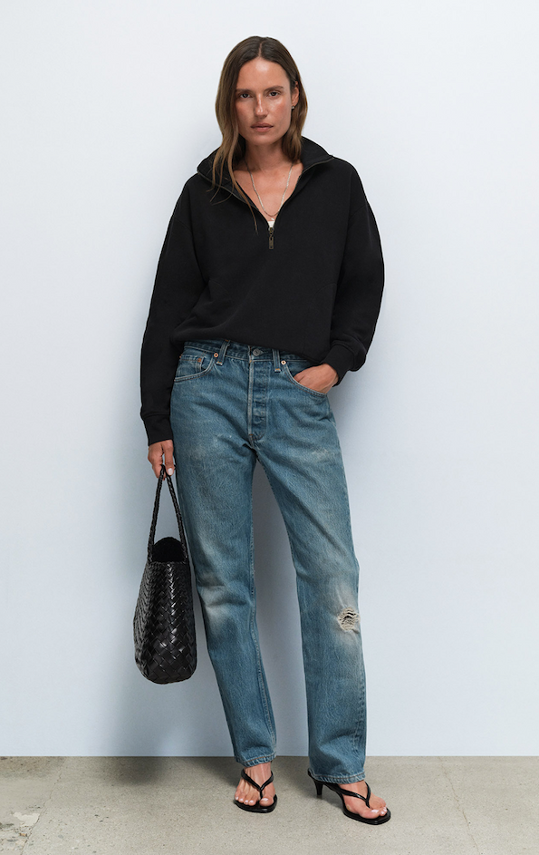 Organic Fleece Quarter Zip Sweatshirt in Jet Black
