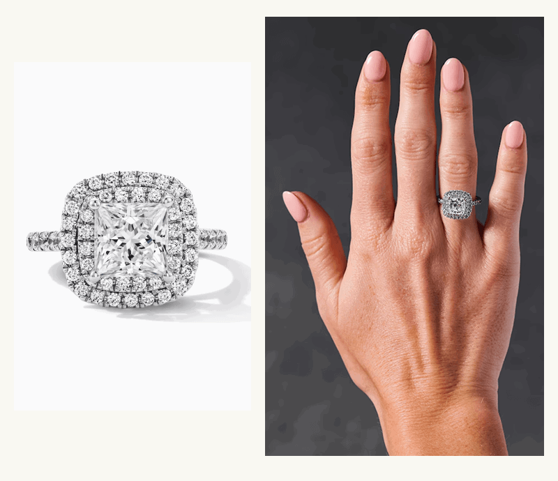 Hand with princess-cut diamond ring with double halo setting, alongside product shot.