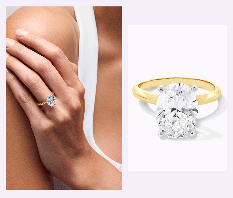 Model wearing oval-cut centered diamond ring on gold band, next to close-up product shot.