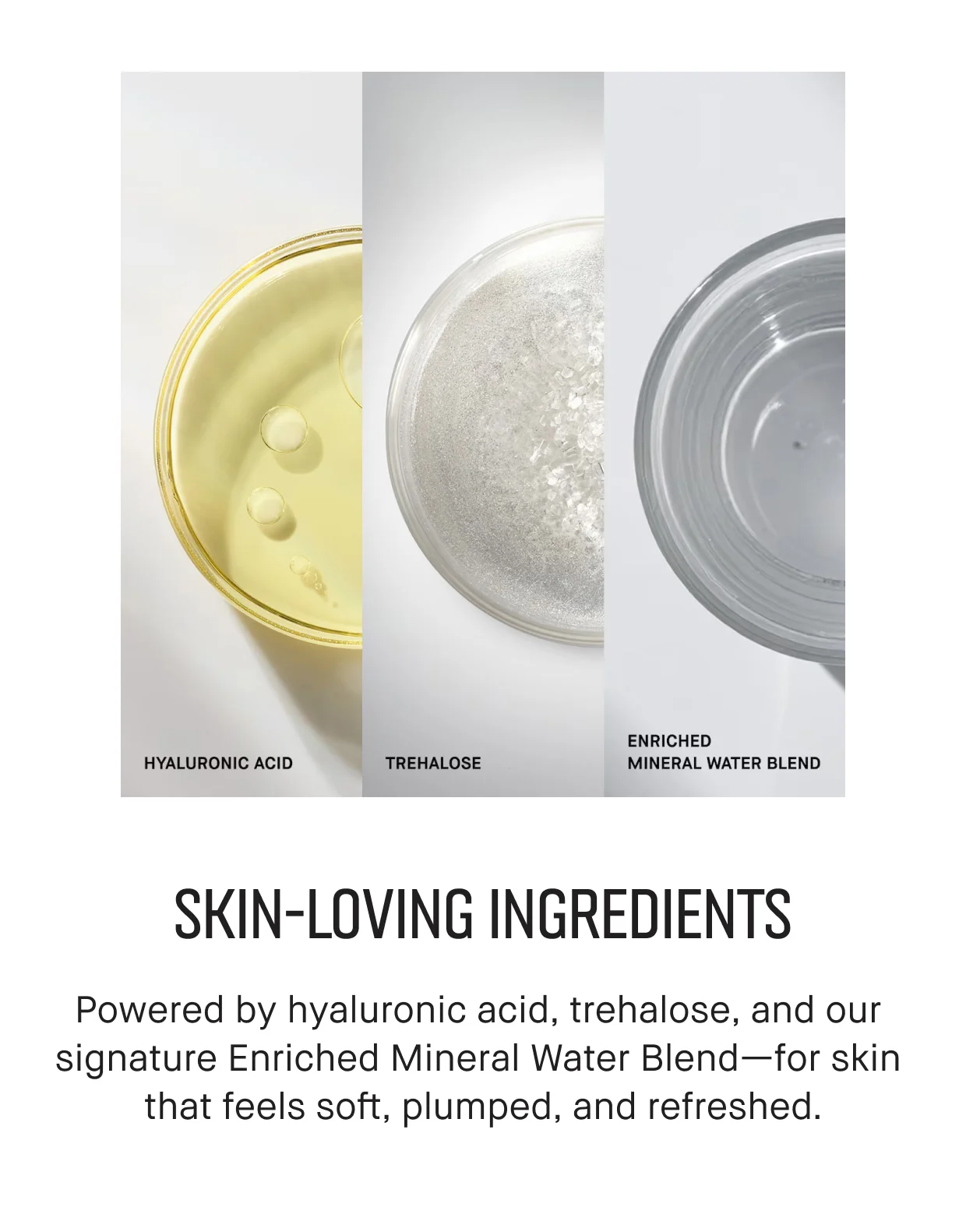 HYALURONIC ACID | TREHALOSE | ENRICHED MINERAL WATER BLEND | SKIN-LOVING INGREDIENTS | Powered by hyaluronic acid, trehalose, and our signature Enriched Mineral Water Blend-for skin that feels soft, plumped, and refreshed.