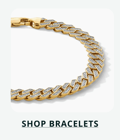 Gold Cuban link chain bracelet accent-set with pave diamonds. Click here to shop bracelets