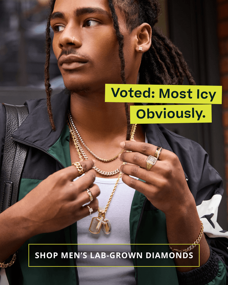 Male model with thick layers & rings with pendants. Voted: Most Icy. Click here to shop men’s lab-grown diamonds