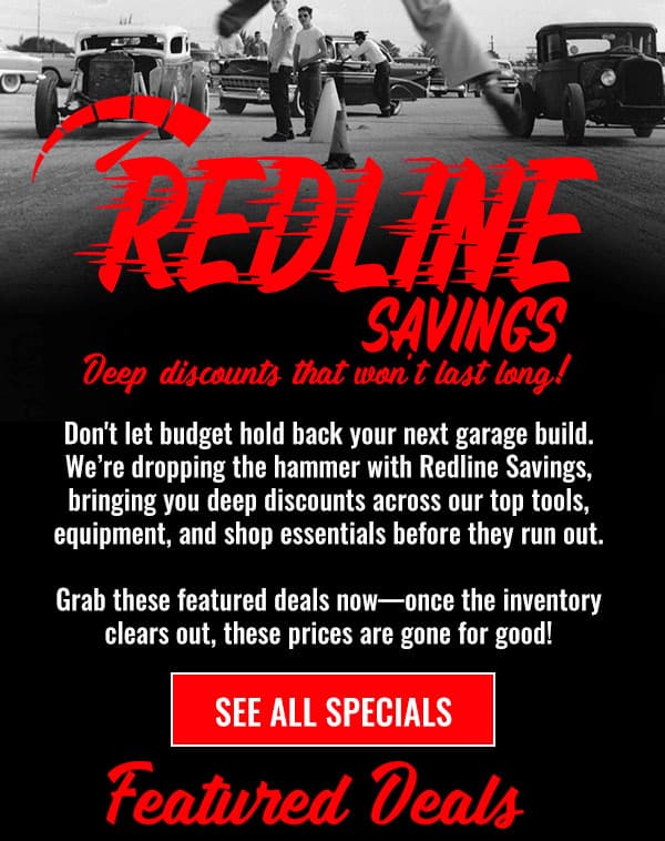 Redline Savings promotion featuring vintage hot rods, a red speedometer graphic, and a call-to-action button to view special discounts.
