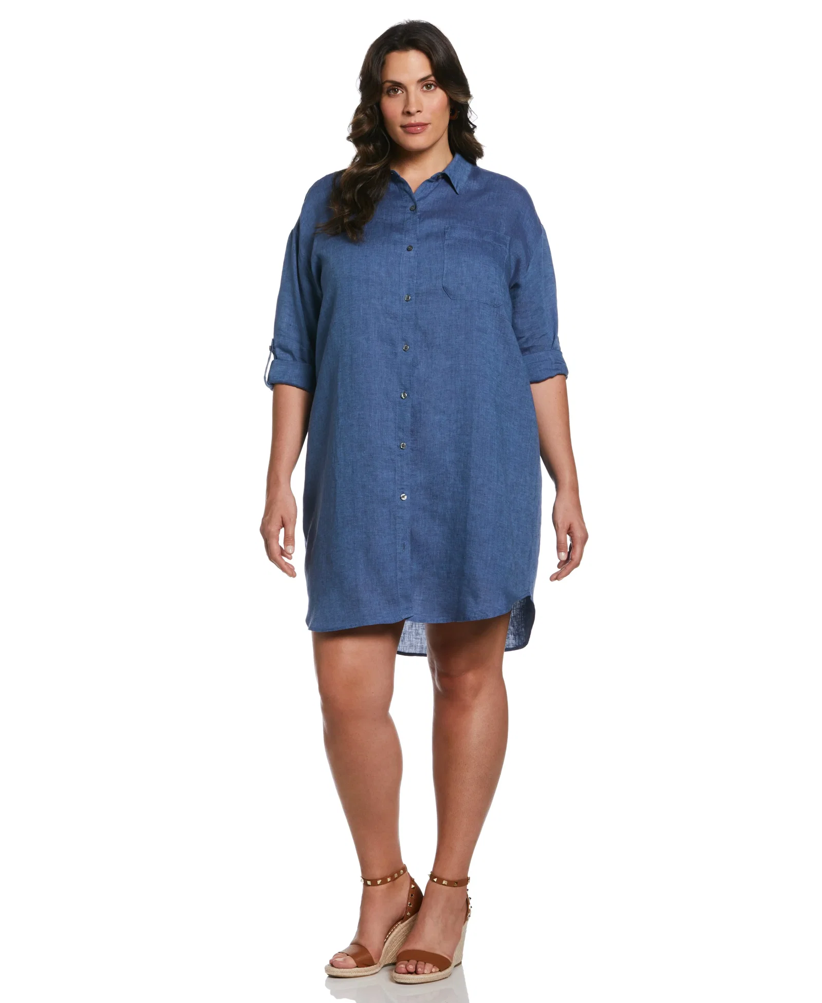 Image of Roll Sleeve Linen Shirt Dress