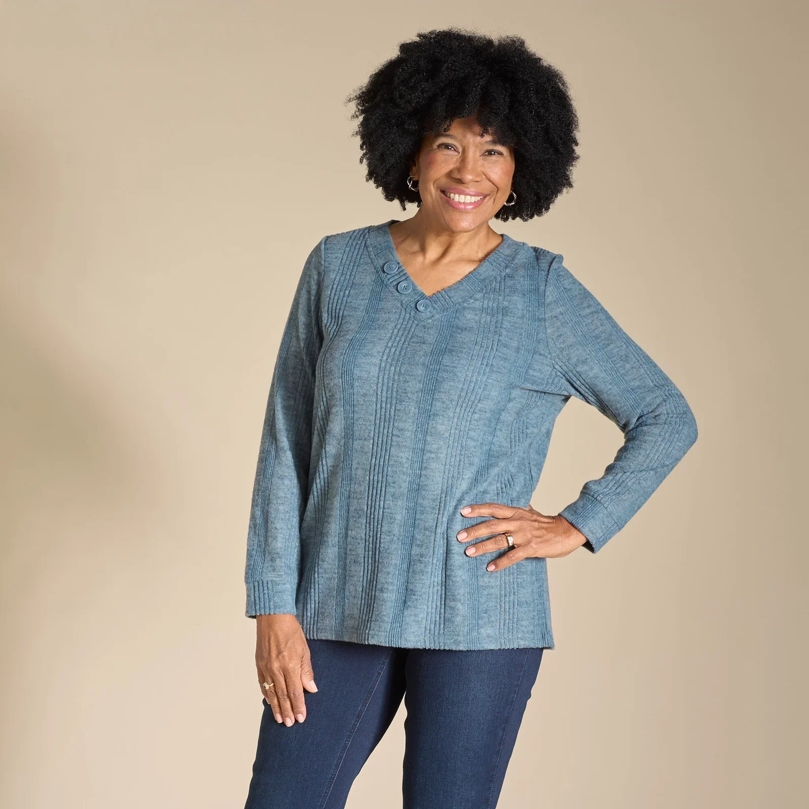 Image of Variegated Rib V Neck Top