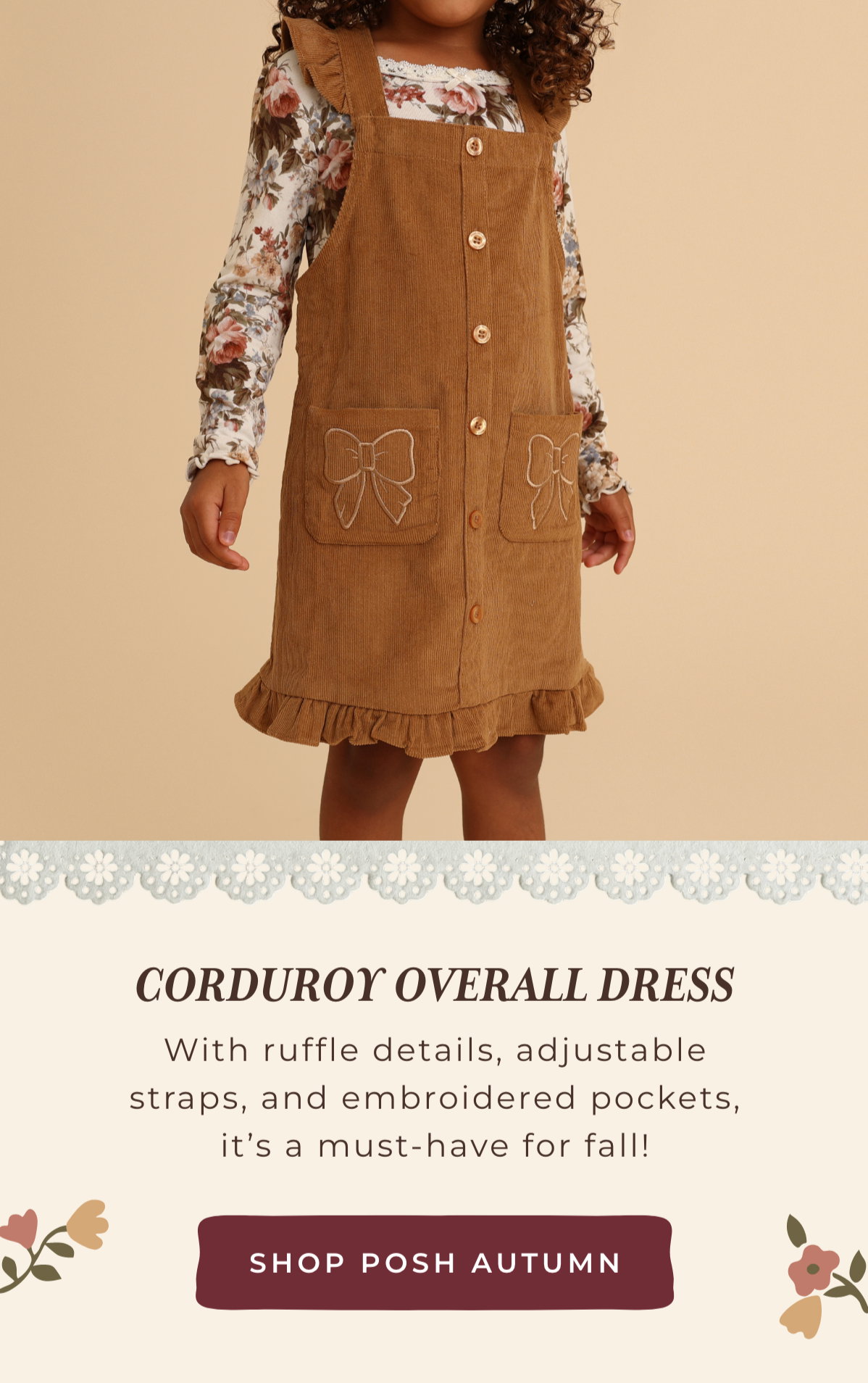Corduroy Overall Dress: With ruffle details, adjustable straps, and embroidered pockets, it's a must-have for fall! [SHOP AUTUMN POSH]