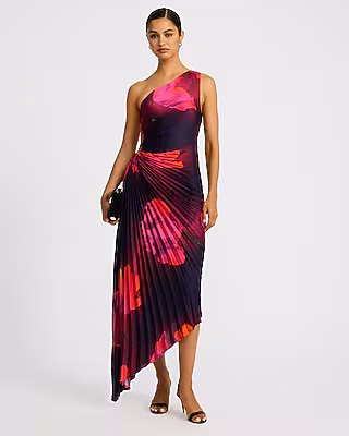 Floral Pleated One Shoulder Cutout Midi Dress
