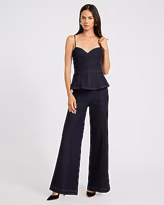 Stretch Denim Sweetheart Neck Wide Leg Jumpsuit
