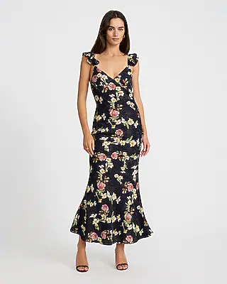 Floral V-Neck Ruffle Sleeve Open Back Maxi Dress