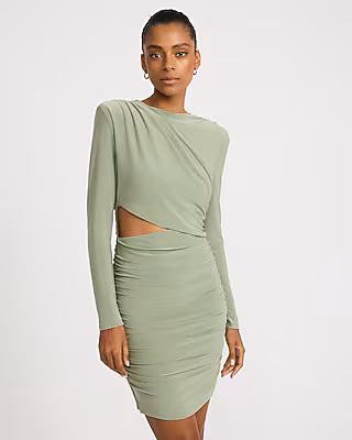 Crew Neck Long Sleeve Ruched Cutout Knit Mini Dress