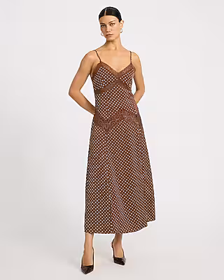 Lace Trim Polka Dot V-Neck Maxi Sheath Dress