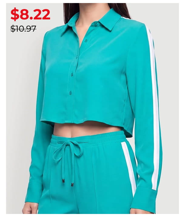 Shop Contrast Trim Long Sleeve Button Front Crop Top