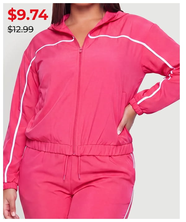 Shop Plus Size Contrast Trim Piping Zip Front Hoodie