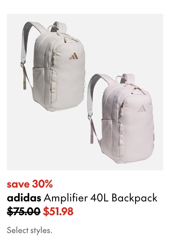 adidas Amplifier 40L Backpack. save 30%. 75.00 (Strikethrough) 51.98. Select styles.