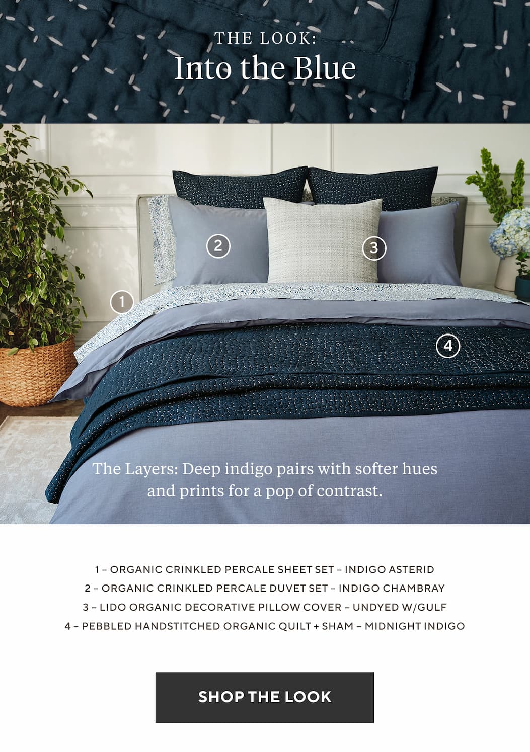 The Look: INTO THE BLUE The Layers: Deep indigo pairs with softer hues and prints for a pop of contrast.