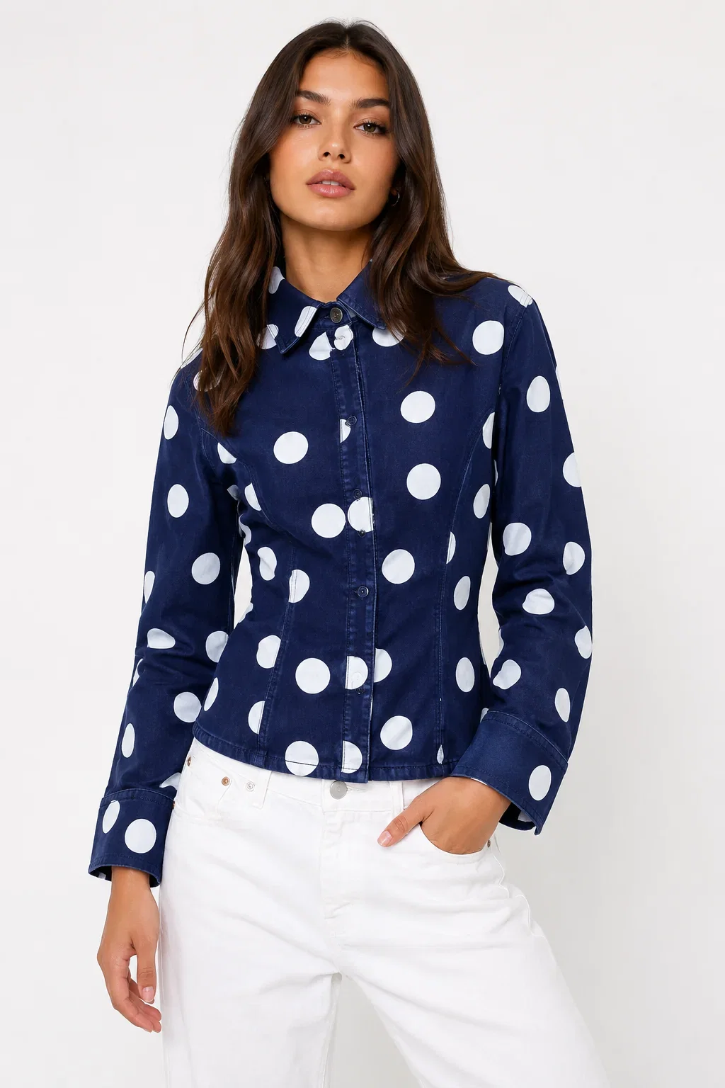 Image of Polka Dot Denim Shirt Jacket