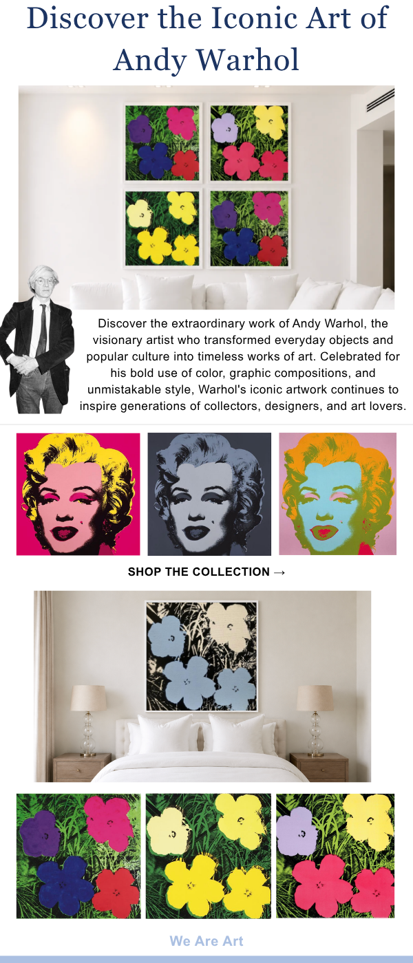 Discover the Iconic Art of Andy Warhol - Discover the extraordinary work of Andy Warhol, the visionary artist who transformed everyday objects and popular culture into timeless works of art. Celebrated for his bold use of color, graphic compositions, and unmistakable style, Warhol's iconic artwork continues to inspire generations of collectors, designers, and art lovers.