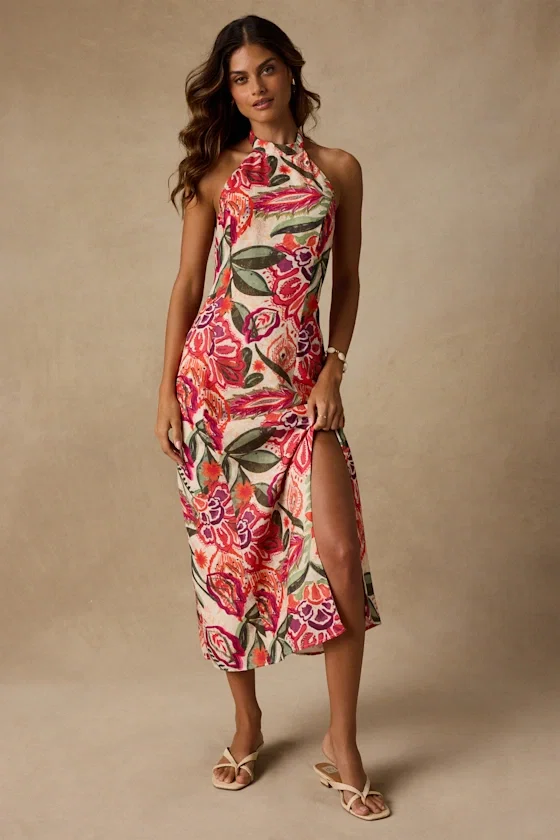 Image of Paloma Ivory Multi Floral Halter Midi Dress