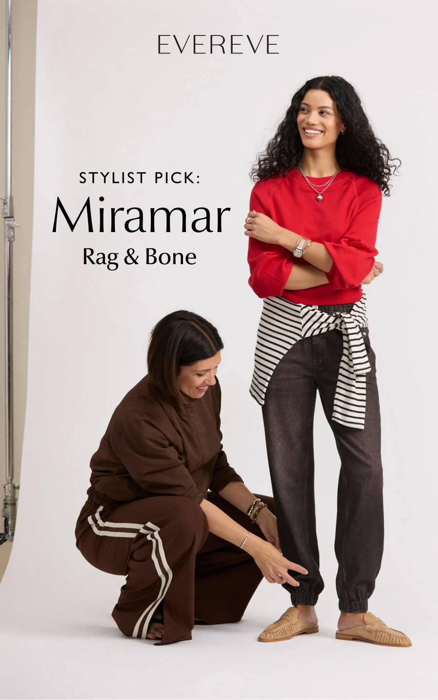 EVEREVE logo. Stylist pick: Miramar Rag & Bone. Image of stylist Ash adjusting the Miramar pants on a model in studio.