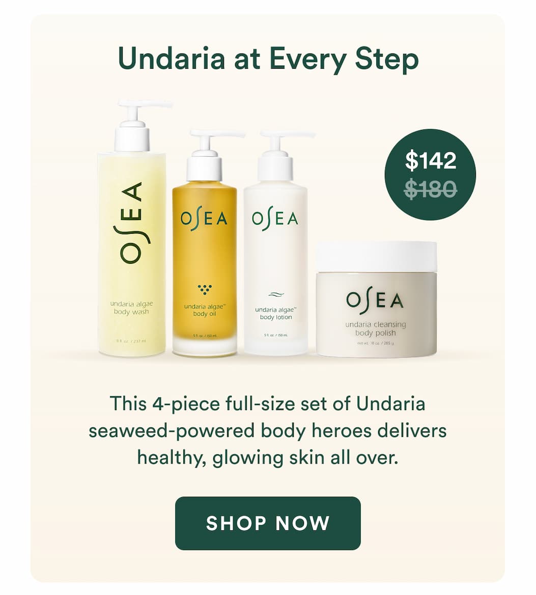 This 4-piece full-size set of Undaria seaweed-powered body heroes delivers healthy, glowing skin all over.