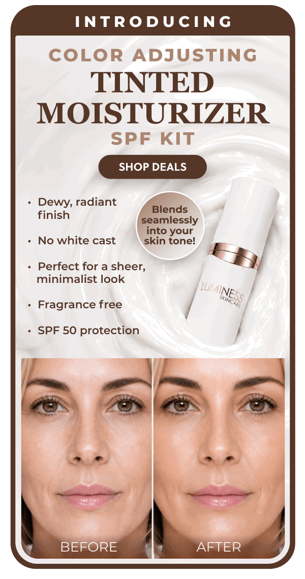 INTRODUCING COLOR ADJUSTING TINTED MOISTURIZER SPF KIT: Dewy, radiant finish. No white cast. Perfect for sheer, minimalist look. Fragrance free. SPF 50 protection.