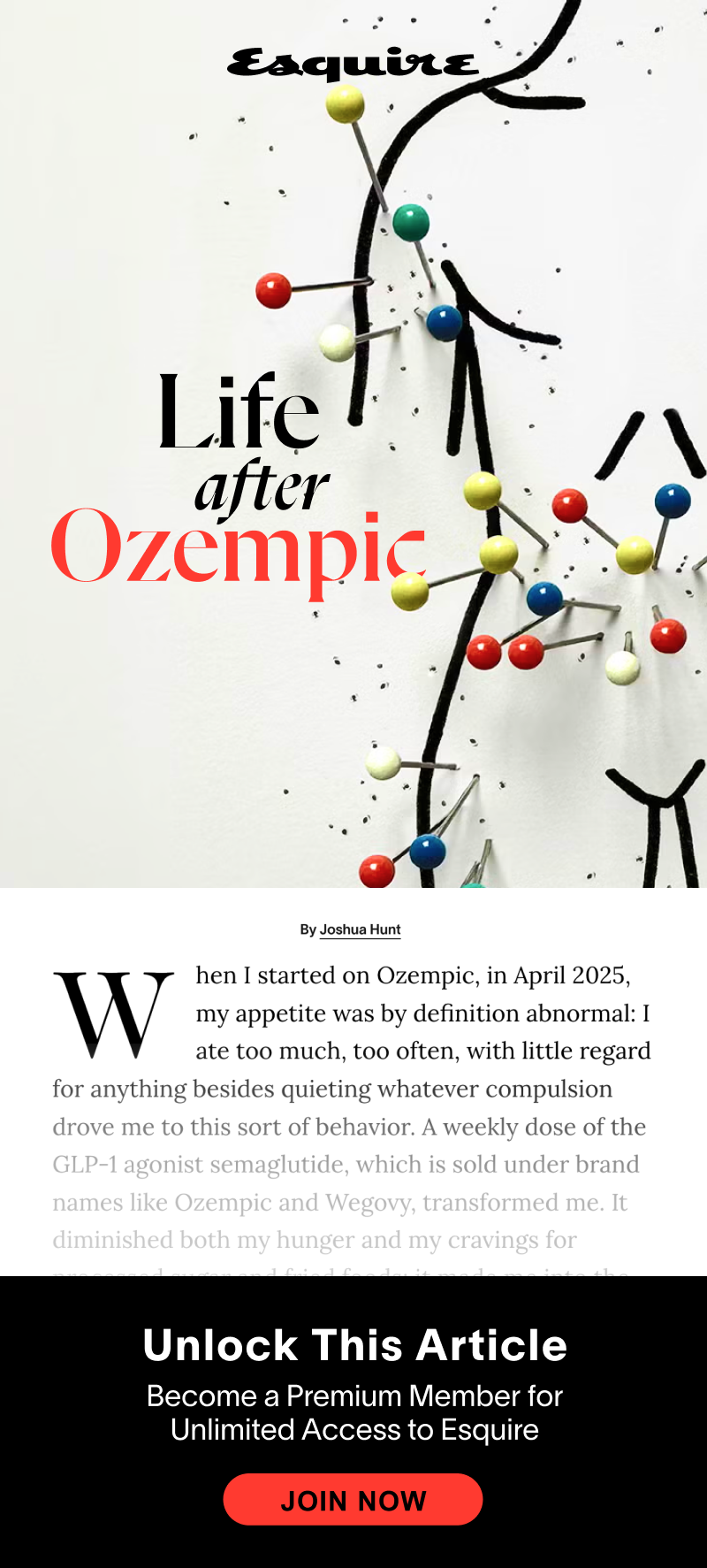 Life after Ozempic. Article by Joshua Hunt on esquire.com