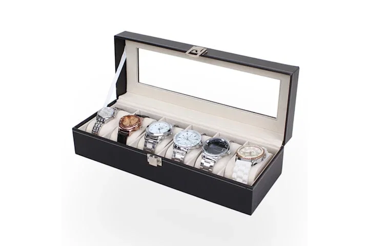 Watchbox Klockbox för 6 klockor - Svart med vit söm