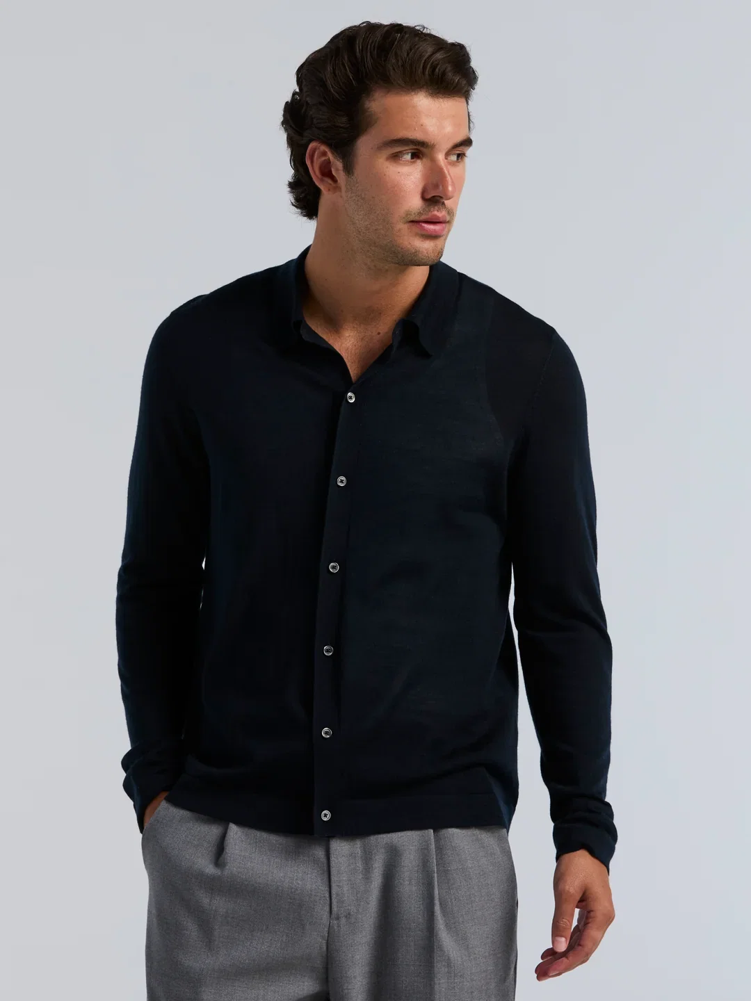 Merino Blend Button-Through Polo Cardigan