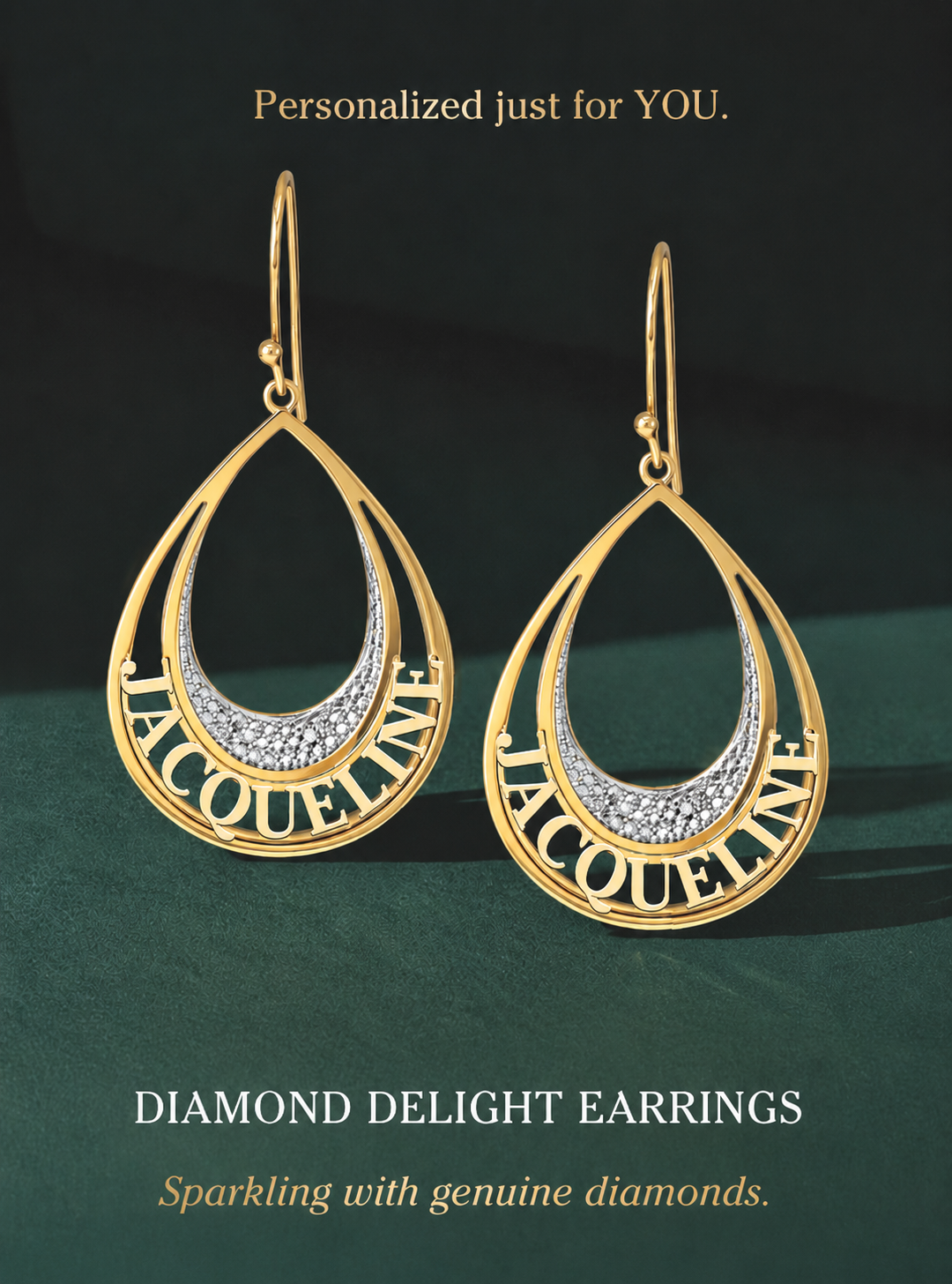 Personalized gold teardrop earrings with genuine diamond accents, shown with the name Jacqueline.