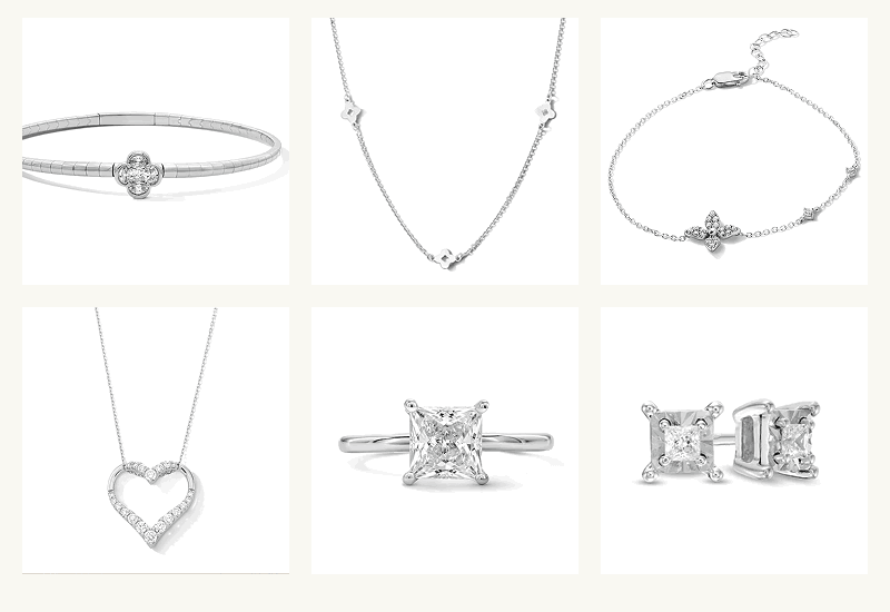 Silver-set styles with diamond details: bracelets, heart pendant, necklace, studs & ring.