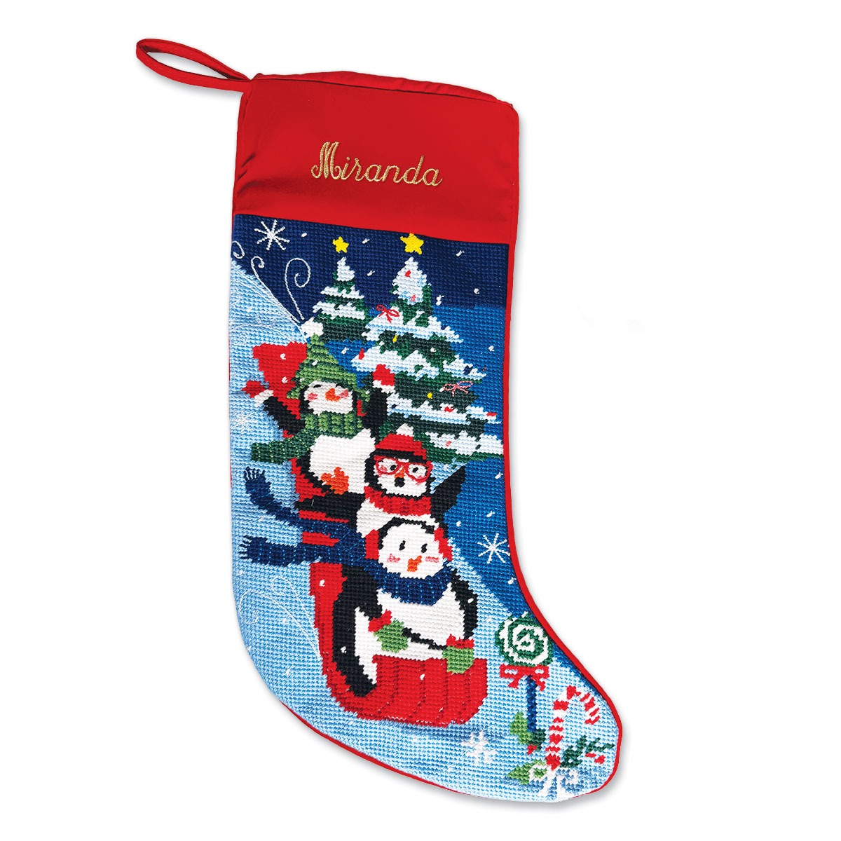 Image of Penguin Heirloom Needlepoint Personalized Christmas Stocking
