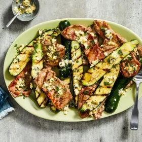 Grilled Pork Cutlets and Zucchini with Feta and Mint Compound Butter