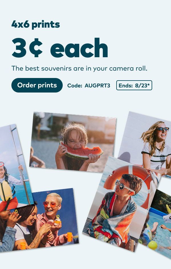 4x6 prints 3 cent each. Code: AUGPRT3. Ends: 8/23, see site for details. Order prints.