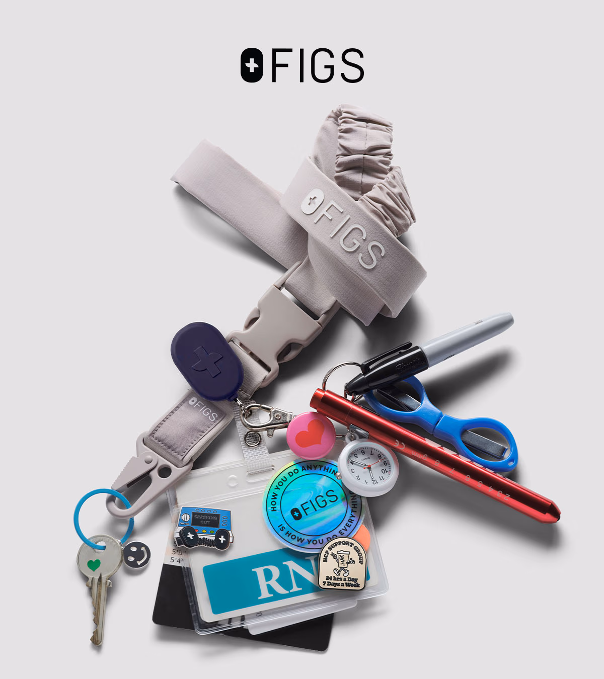 The FIGS Logo Badge Reel: technically elite, ridiculously practical, and endlessly customizable—because that swipe life simply does not stop. 