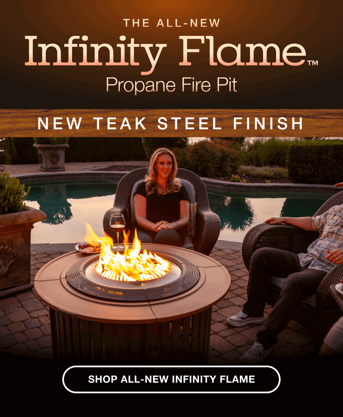 Infinity Flame Teak Steel Propane Fire Pit + Surround Surface