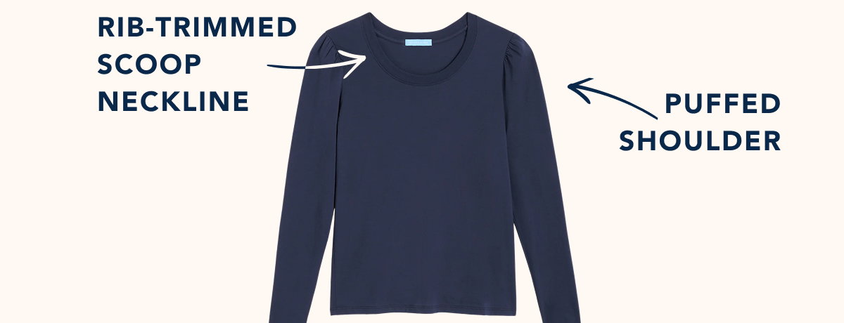 Rib-trimmed scoop neckline, easy knit