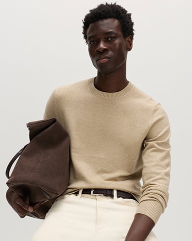 Man wearing a Beige Air Yarn Crew Neck Jumper
