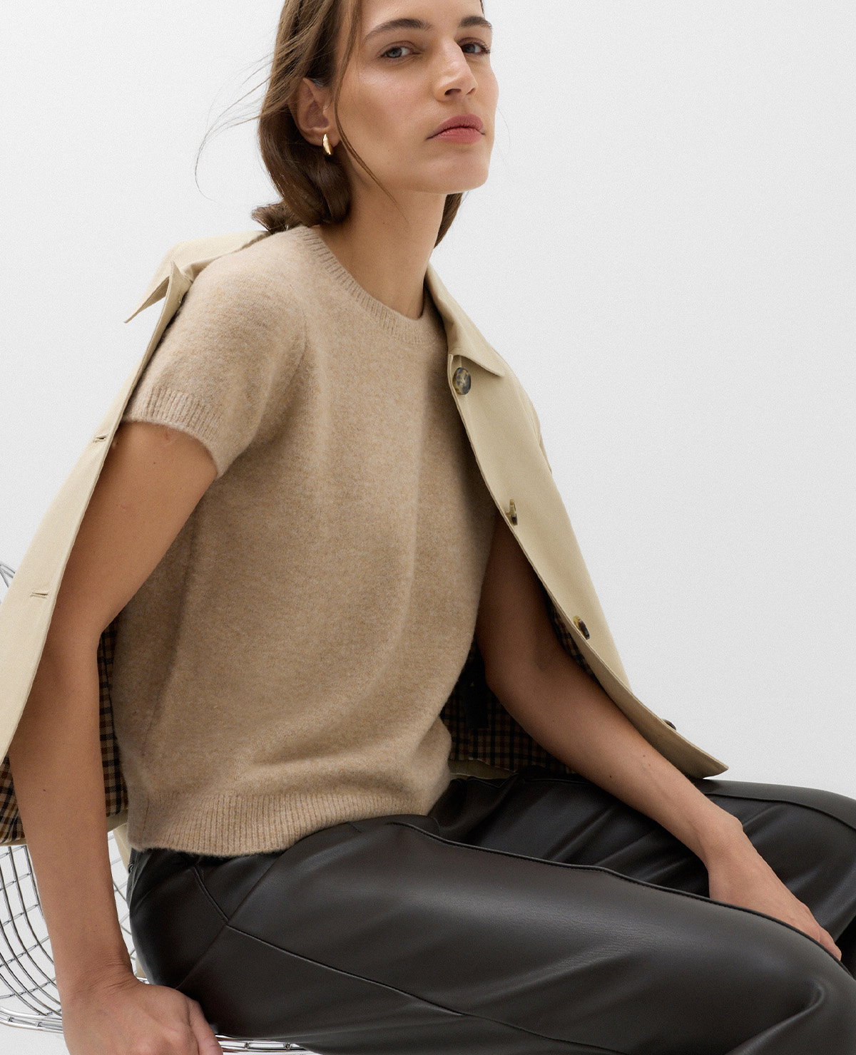Woman wearing a Medium Beige Crew Neck Short Knitted Top With Wool