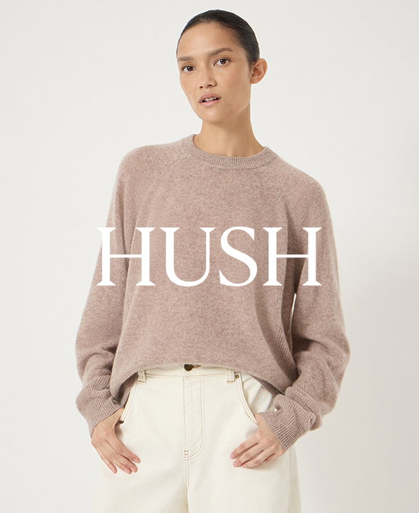 Woman wearing a HUSH Brown Cashmere Rich Textured Crew Neck Jumper
