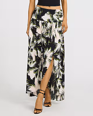 Printed High Waisted Petal Front Slit Maxi Skirt