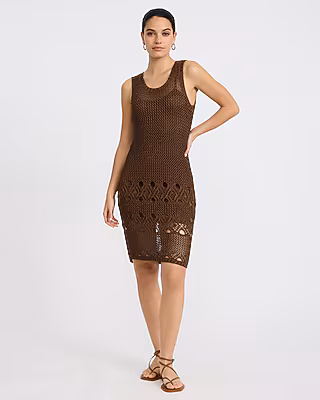 Open Stitch Crochet Scoop Neck Midi Sweater Dress