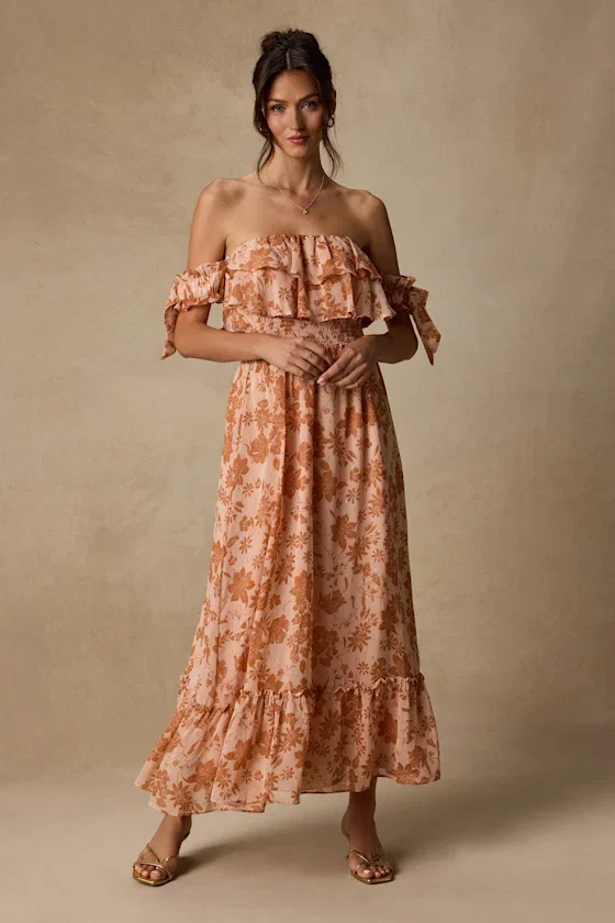 Image of Love and Blooms Blush Floral Print Off-the-Shoulder Dress