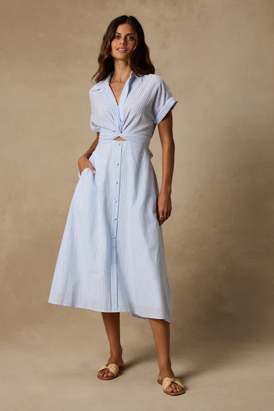 Image of Adorable Impression White and Blue Midi Dress With Pockets