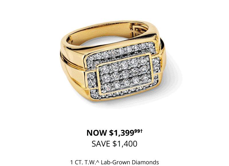 Yellow gold men's diamond ring with a rectangular cluster setting. Diamond hoops. Diamond cross pendant.
